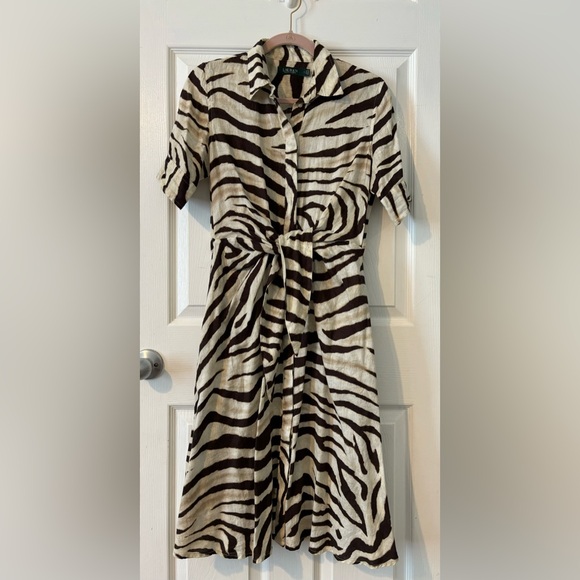 Lauren Ralph Lauren 100% Linen Zebra Print Tie-Waist size 4 Dress - Picture 3 of 4